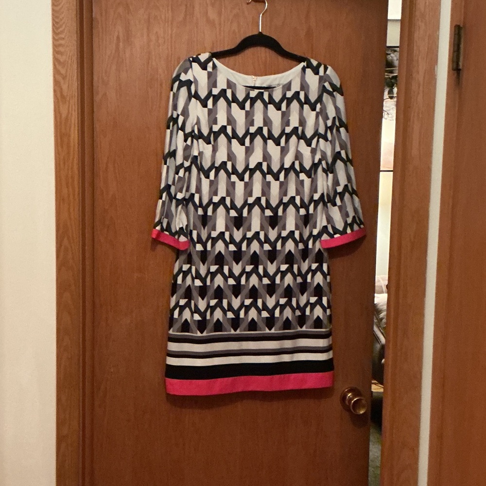 Eliza J Black and White Geometric Dress with Pink Trim